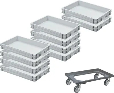 Produktbild von SparSet 10x Eurobehälter mit geschlossenem Griff & 1x Transportroller Grau | HxBxT 7,5x40x60cm | 15 Liter | Eurobox, Transportbox, Transportbehälter, Stapelbehälter