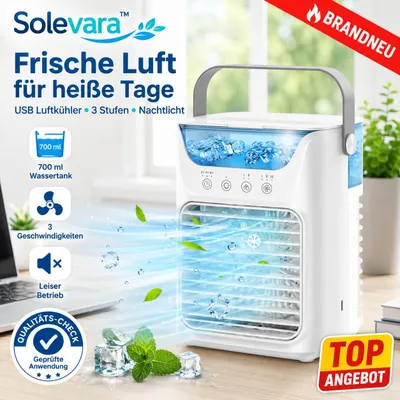 Produktbild von Solevara™ Mini Luftkühler USB mit Wassertank, 3 Stufen Ventilator, Nachtlicht & Luftbefeuchtung für Schreibtisch, Büro & Zuhause