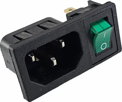 Zdjęcie produktu dla Złącze do urządzeń chłodniczych C-14 10 A/250 V, z zielonym przełącznikiem 3-pinowym 6 A/250 V, obciążenie.