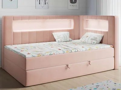 Produktbild von Polsterbett 90x200, Kinderbett mit LED, Matratze und Topper - JUNIOR-GOLD-3 - Rosa - Rechte Seite