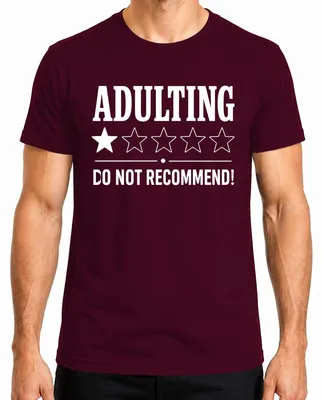 Zdjęcie produktu dla Koszulka męska "Adulting" (dorosłość), humorystyczny nadruk, idealna jako prezent, kolor burgundowy, rozmiar XXL