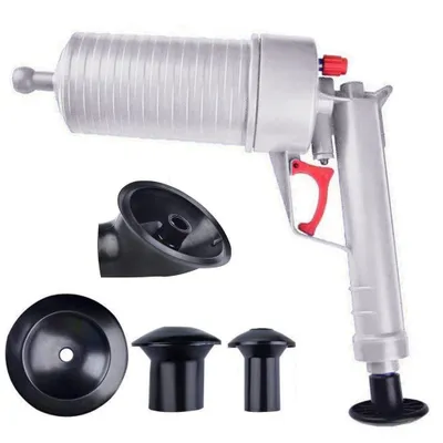 A plumbing tool with various attachments is displayed against a white background.