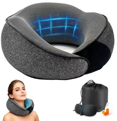 Obrázok produktu pre Unyqoos® Ergonomická podpora krku z pamäťovej peny – 360° podpora krku a brady, zmenšiteľná na 40 % pôvodnej veľkosti, s maskou na oči a zátkami do uší, poťah z ľadovej hodvábnej tkaniny