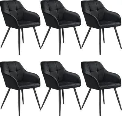 Six black upholstered chairs arranged in two rows of three.
