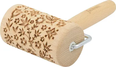 Obrázok produktu pre Folkroll valček na cesto Flower Power, mini, 9,5 cm, valček, reliéfny valček, vzor, motív, valček, bukové drevo, 331163