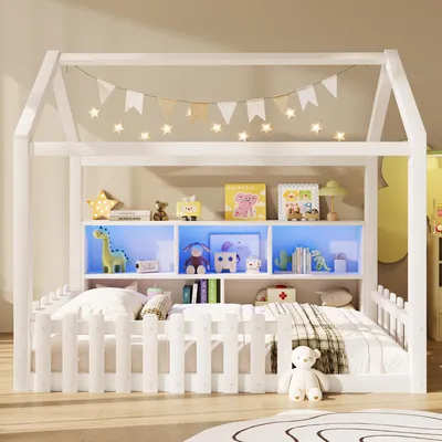 Produktbild von Flieks Kinderbett Hausbett 90x190cm mit Led, Bodenbett mit offenen Staufächern, Kinder Einzelbett Holzbett mit Rausfallschutz, Weiß