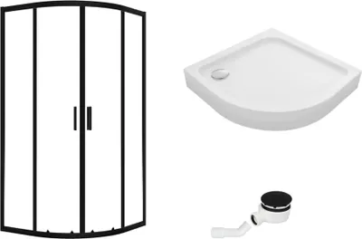 Produktbild von VBChome Duschkabine mit Duschwanne Viertelkreis Set 90x90x185 cm Schwarz Halbrund Duschtasse Siphon Eckeinstieg Duschwand Schiebetür Duschabtrennung Sicherheitsglas Duschtrennwand