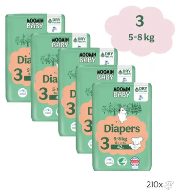 Produktbild von Moomin Baby Eco Einwegwindeln – Monatspackung mit 210 Stück – Größe 3 – 5 bis 8 kg