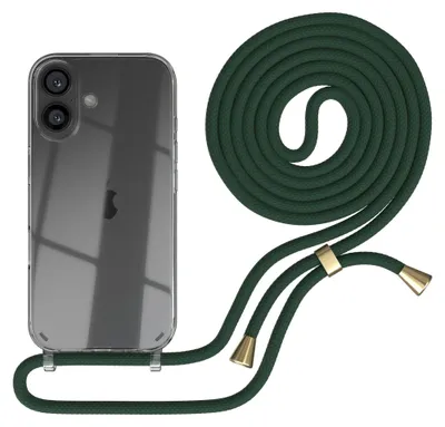 A clear product shot of a phone case with a lanyard.