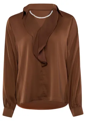 Produktbild von Damen Satin Bluse Braun Größe S aus 100% Polyester mit Perlenapplikationen