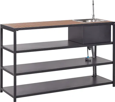 Obrázek produktu pro BELIANI Venkovní kuchyňský regál se dřezem černý ocel světlé dřevo 159 x 50 x 91 cm páková baterie 3 police zahrada kuchyň jídelna