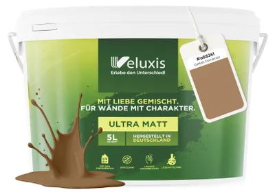 Produktbild von Wandfarbe Braun Beige Gold Matt Innenfarbe – Deckkraft Klasse 1, VOC-frei, Ohne Grundierung, Tropfarm – Wohnzimmer & Schlafzimmer – 5L – Veluxis (Certain Cinnamon)