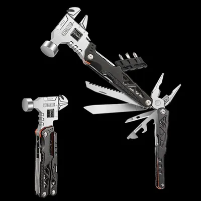 Produktbild von Multitool mit Hammer, Zange & Schraubendreher-Bits – Kompaktes 17-cm-Multifunktionswerkzeug mit Tasche, schwarz