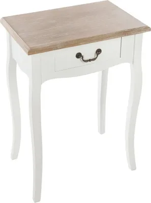 A white bedside table with a wooden top and a single drawer with a dark metal handle, shown against a white background.