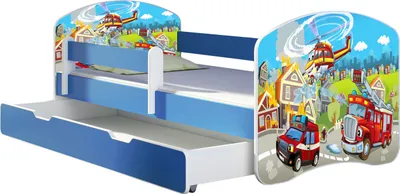 A children's bed with a pull-out drawer, featuring a cartoon fire rescue theme.