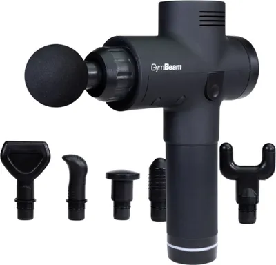 A black massage gun with multiple attachments is displayed against a white background.
