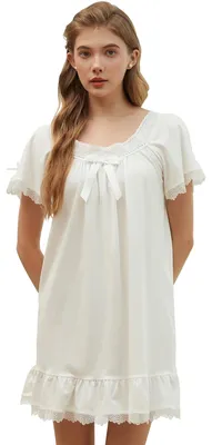 Imagen del producto de Elzusha - Pijama de algodón 100% - Manga corta - Pijama retro - Ropa interior con cuello en V - Camisón de encaje - Ligero y transpirable