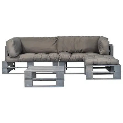 Zdjęcie produktu dla vidaXL 4-częściowa sofa ogrodowa z palet z szarymi poduszkami Szare drewno