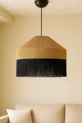 Produktbild von Opviq, Moderne Hängeleuchte (Beige/Schwarz), Ø40 h:35 cm, Höhenverstellbar 36-70 cm, IP20, E27 Max 40 W, Kunststoffkörper, Macrame-Kappe | Stilvolles Design für jeden Raum.