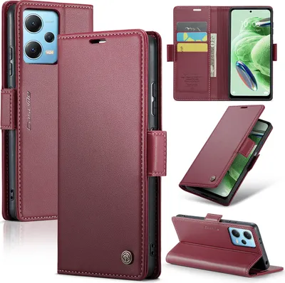 Obrázek produktu pro Xiaomi Poco X5 Pouzdro, RFID Blokování Karet, Pokročilé Flip Kožené Pouzdro s Funkcí Stojánku pro Xiaomi Poco X5 / Redmi Note 12 5G červené