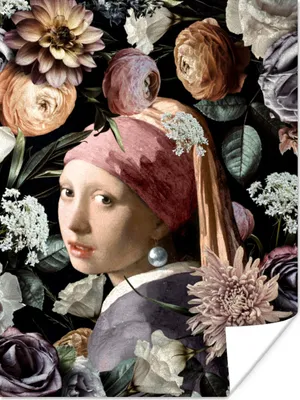 Produktbild von MuchoWow® Poster Mädchen mit Perlenohrring - Blumen - Vermeer - Pastell - Kunstwerk - Gemälde - Alte Meister 90x120 cm - Wohnzimmer