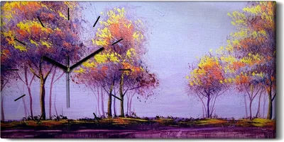 Produktbild von Wanduhr Bürouhr Leinwand Bild Geräuschlos 60x30 Landschaft Malerei Bäume Herbst - schwarze Hände