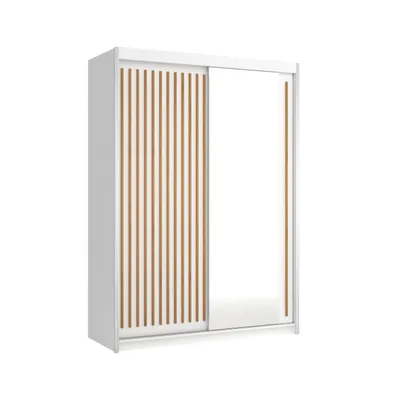 Produktbild von 150 cm Kleiderschrank mit Lamellen und Spiegel, inklusive 2 Schiebetüren, Schwebetürenschrank Kleiderstange, Lieferung bis in die Wohnung (Farbe: Weiß, Lamelle Votan)