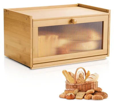 Produktbild von VEVOR Eck-Brotbox für die Küchenarbeitsplatte, doppelschichtige große Kapazität Bambus-Brotlagerbehälter, Bauernhaus-Holzbrotbox für hausgemachtes Brot, Aufbewahrungsbehälter mit akryl-welligem Tür, natürlich, Burlywood-b, Einzelne Schicht