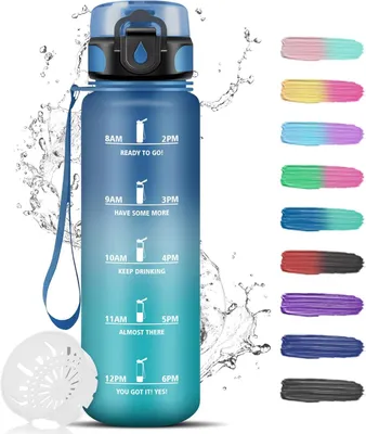 Produktbild von Trinkflasche 1 Liter, Auslaufsicher, Motivationsflasche mit Zeitmarkierung, Graduierte Flasche für Fitness