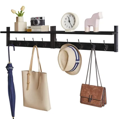 Image de Porte-manteau mural, étagère murale, étagère suspendue avec 10 crochets et une tringle à vêtements, lot de 2, robuste, pour le couloir, la chambre et le salon, noir HWS004B-2