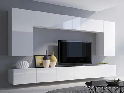 Produktbild von Wohnwand CALABRINI-13 Hängewohnwand Set, 6-teilig, Weiß Hochglanz Modern, PVC-Furnier Spanplatte, grifflos, TV-Schränke  (Weiß Hochglanz)