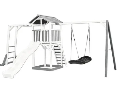 Obrázok produktu pre AXI Beach Tower with Climbing Frame and Roxy Nest Swing Grey/white - White Slide, domček na piliéroch, 3 rok / roky, Šmykľavka, Šedá, Biela