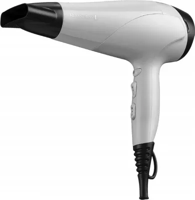 A white and black hair dryer on a white background.