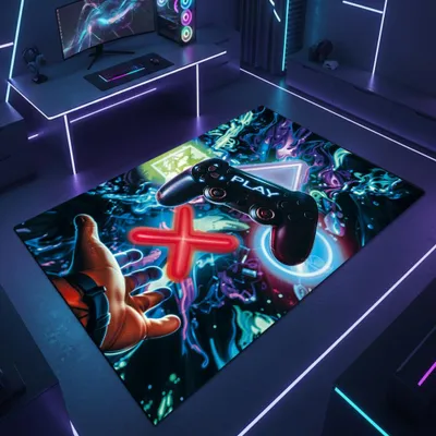 Produktbild von Gaming-Teppich mit lebendigen neon-farbigen Symbolen und schwebendem Controller Größe - 50 x 90 cm