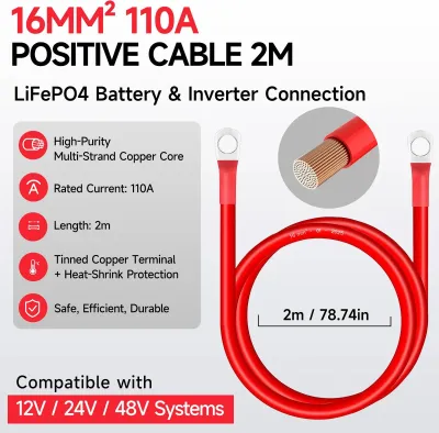 Immagine prodotto di Cavo batteria - Cavo positivo - 16 mm² - 110 A - 2 m - Per LiFePO4 e inverter - 12 V/24 V/48 V - Camper/Barca/Impianto solare