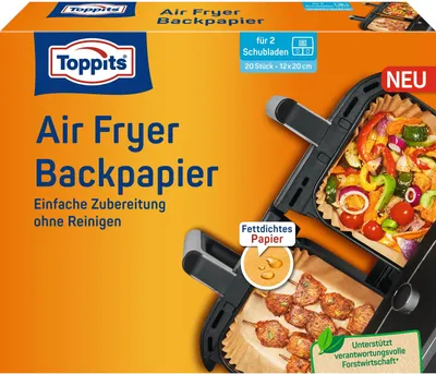 Zdjęcie produktu dla Papier do pieczenia Toppits do frytkownicy powietrznej, prostokątny, 12 x 20 cm, opakowanie 20 sztuk, 1 sztuka