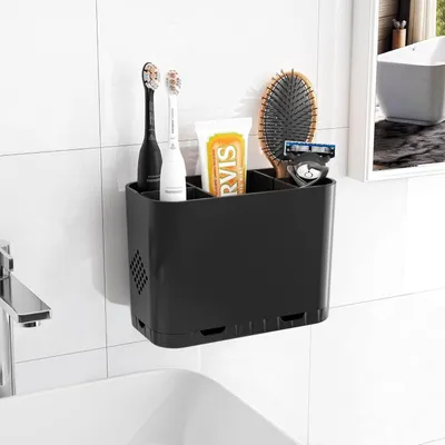 Image de Porte-brosses à dents avec 5 compartiments, fixation murale, base stable, couleur noire, idéal pour les familles