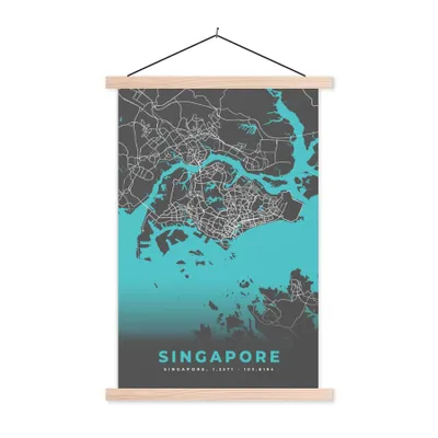 Produktbild von MuchoWow® Textilposter Stadtplan - Blau - Singapur - Karte 120x180 cm mit holzfarbenen Rahmen - Textil-Plakat