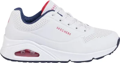 A side view of a white Skechers Uno sneaker with red and blue accents.