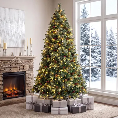 Obrázek produktu pro Umělá vánoční stromek COSTWAY, výška 210 cm, s 1198 větvemi z PE/PVC, vánoční stromek s 450 LED diodami, 9 světelnými režimy, 44 šiškami a červenými bobulemi