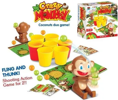 Zdjęcie produktu dla Gra Crazy Monkey – gra z katapultą i kokosami, 2 graczy, 16 kokosów, 10 magicznych kart, gra zręcznościowa