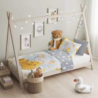 Produktbild von Kinderbettwäsche Maus Käse bedruckt Garnitur 100x135 cm + 40x60 cm - Maus