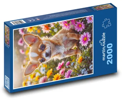 Zdjęcie produktu dla Puzzle 2000 Szczeniak wśród kolorowych kwiatów - martinpuzzle