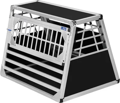 Produktbild von Transportbox N98 – Aluminium Einzelbox für Hunde 66×86×63 cm, Auto Hundebox mit Notausstieg, sicherer Hundetransport im Kofferraum mit Stoßstangenschutz