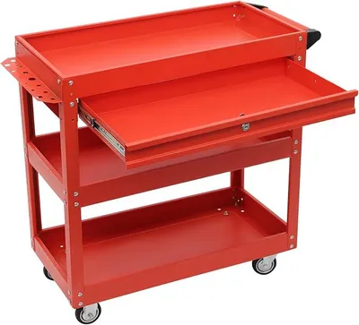 Zdjęcie produktu dla Wózek narzędziowy, 3-poziomowy, na kółkach, wózek warsztatowy, udźwig 150 kg, wózek transportowy, wózek wielopoziomowy (czerwony)