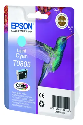 Zdjęcie produktu dla Epson Hummingbird Singlepack Light Cyan T0805 Claria Photographic Ink, Jasny cyjan, Tusz na bazie pigmentu, 1 szt.