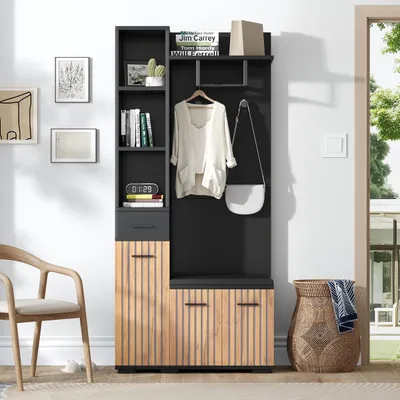 Image de Ensemble vestiaire Merax 7 en 1, vestiaire compact avec banc, armoire, tiroir, casiers de rangement, patères & séchoir à linge, 80×35×175cm, noir-bois
