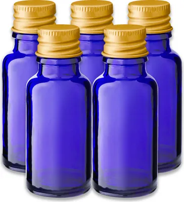 Produktbild von 5x Blaue Glasflasche 20 ml mit goldenem Aluminium Schraubverschluss