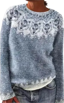 Produktbild von ASKSA Damen Pullover Elegant Rundhals Sweatshirt Casual Winterpullover mit Aufdruck Gestrickter Pullover Warme Bequem Langarm Mode Autumn Winter Oberteile,Hellblau,L