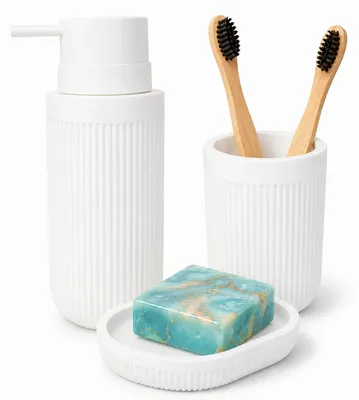 Image de Accessoires de salle de bain Relaxdays, lot de 3 pièces, porte-savon, distributeur de savon, gobelet à brosse à dents, polyrésine, ensemble d'accessoires de salle de bain, blanc